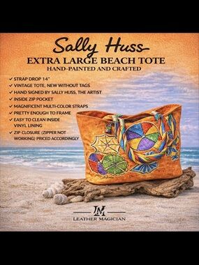 Sally Huss Extra Large Beach Tote Hand Painted Signed Artist Bag Colorful Straps